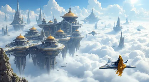 Prompt: A stunning sci-fi or fantasy scene depicting a massive floating city high above the clouds .
A colossal floating city shrouded in mist and clouds hovers above a thick layer of fluffy white clouds. The city is composed of a complex network of futuristic structures and platforms supported by spires and pillars that disappear into the mist below. The architecture is intricate and imaginative combining sleek metallic frameworks with domed , golden-orange rooftops and rounded disk-like structures that resemble giant mushrooms or space-age pagodas, Some of the structures have pointed spires giving a hint of both fantasy and advanced technology .
The city seems partially shrouded in cloud vapor adding depth and scale to the scene. Scattered around the main structure are many smaller floating platforms and towers extending into the distance and suggesting a vast aerial civilization.
In the sky around the city numerous flying creatures and futuristic aircraft are seen gliding through the air. On the lower right a person rides a large manta ray-like creature wearing a golden garment that flutters in the wind. The creature's wings are outstretched as it soars gracefully over the clouds . In the background a giant blue planet or moon looms in the sky partially transparent adding a cosmic and otherworldly feeling to the scene. Wispy high-altitude clouds streak across the upper part of the sky enhancing the sense of motion and altitude . Mist. The most striking element is the sky . Thick, billowing clouds stretch across the sky, heavy and textured with tones of grey, brown, and hints of blue. These clouds seem to part just enough to reveal a glowing band of soft, golden-yellow light near the horizon, suggesting either a sunrise or a sunset. This light gently spills across the landscape, casting a muted radiance that enhances the depth and mystery of the scene. The style of 19th-century realism.