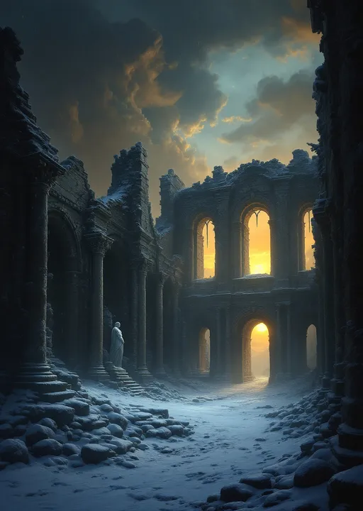 Prompt: The snow-powdered dark hall of a  dark, ruined castle with collapsed roof allowing heavy snowfall to pour inside. Arched  windows let in a cold, dim sunset light . Columns . Statues .  Mist. Snow blown by the wind.  Haunting, ethereal beauty . Night . Mysterious atmosphere.  The most striking element is the sky . Thick, billowing clouds stretch across the sky, heavy and textured with tones of grey, brown, and hints of blue. These clouds seem to part just enough to reveal a glowing band of soft, golden-yellow light near the horizon, suggesting either a sunrise or a sunset. This light gently spills across the landscape, casting a muted radiance that enhances the depth and mystery of the scene. The style of 19th-century realism.