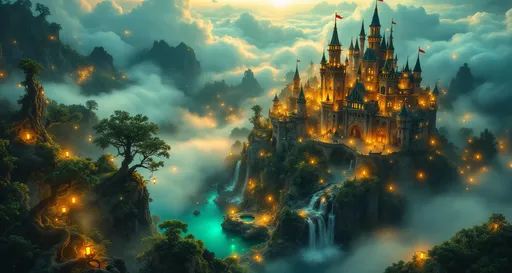 Prompt: A view from above of a fairytale galleon with glowing lanterns floating above clouds lit by sunset illuminated from below . Mist . Beneath the clouds ( visible through the clouds) a magical fairytale castle with tall pointed spires rises from the earth glowing with enchanting lights , a turquoise lake , waterfalls , rocky cliffs , an enchanted , mysterious lush forest with gnarled , lush, magical trees with tangled web of roots emerging from the ground .