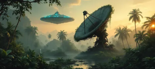 Prompt: Rusty, abandoned and overgrown with plants huge satellite dishes in the middle of lush tropical jungle. A misty swamp. Lush tropical plants and palms. Waterfalls. A massive spaceship with blue lights hovering in the air. Mist. Sunset. A painting in the style of 19th-century realism.