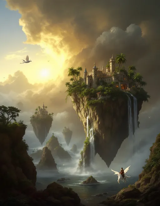 Prompt: A  fairytale castle perched atop a rocky cliff covered in lush, tropical plants and palm trees. Waterfalls cascade down its sides. The floating rock hovers above a stormy sea shrouded in mist and clouds . Mist. The base of the rock is narrow and pointed. Several similar floating rocks are visible in the distance. White dragons fly around the palace. In the foreground a prince rides a flying white dragon. The most striking element is the sky . Thick, billowing clouds stretch across the sky, heavy and textured with tones of grey, brown, and hints of blue. These clouds seem to part just enough to reveal a glowing band of soft, golden-yellow light near the horizon, suggesting either a sunrise or a sunset. This light gently spills across the landscape, casting a muted radiance that enhances the depth and mystery of the scene. The style of 19th-century realism .