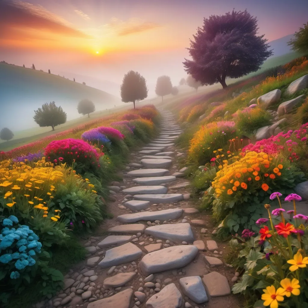 Prompt: a path paved with stones going down a hill covered with a carpet of brightly colored multicolored flowers. In the valley a village covered by fog .  Some trees .Lit by sunset . Brightly colors , Magic and glowing atmosphere