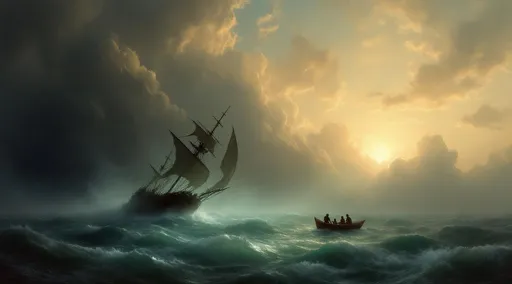 Prompt: A tilted galleon ghost ship with torn sails shrouded in mist navigating in the middle of stormy turquoise ocean. A rowboat with survivors . The most striking element is the sky . Thick, billowing clouds stretch across the sky, heavy and textured with tones of grey, brown, and hints of blue. These clouds seem to part just enough to reveal a glowing band of soft, golden-yellow light near the horizon, suggesting either a sunrise or a sunset. This light gently spills across the landscape, casting a muted radiance that enhances the depth and mystery of the scene. The style of 19th-century realism.