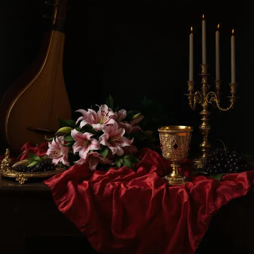 Prompt: A dark room. Night. On an old wooden, polished table lies a bouquet of pink lilies with green leaves on a red satin cloth with many folds and creases. A richly ornate golden goblet encrusted with deep red rubies finely crafted with floral motifs engravings, luxurious metalwork and a regal appearance. An elegant wooden lute with delicately carved details placed with its rounded back facing upward and  the strings turned downward. A richly ornate golden candelabrum with lit candles. A golden ornate tray with dark grapes with leaves.  Dramatic chiaroscuro lighting, deep shadows and a dark, refined background. A Flemish Baroque painting.