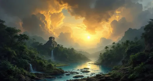 Prompt: Rocky winding river in a lush tropical jungle with plants and palms. Mist . Waterfalls. Turquoise pool . Mayan ruins .
The most striking element is the sky . Thick, billowing clouds stretch across the sky, heavy and textured with tones of grey, brown, and hints of blue. These clouds seem to part just enough to reveal a glowing band of soft, golden-yellow light near the horizon, suggesting either a sunrise or a sunset. This light gently spills across the landscape, casting a muted radiance that enhances the depth and mystery of the scene. The style of 19th-century realism .