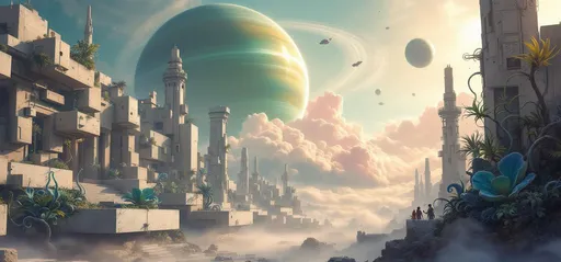 Prompt: A painting in the style of 19th-century realism. Cube-shaped sci-fi buildings. Bizarre, exotic plants featuring large blue curling leaves and coiled tendrils. A giant, ringed, green gaseous planet with satellites in the sky. Mist. Puffy, pink clouds. Sunlight.
