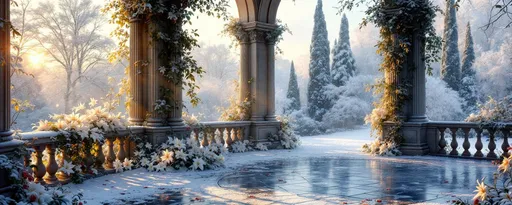 Prompt: A romantic, serene winter scene viewed from within a classical architectural structure possibly a pavilion with large arched openings. The entire setting is bathed in soft , diffused light that enhances the dreamlike almost ethereal atmosphere. The illumination appears to come from the left side where a warm, golden light softly grazes the stone columns and ornate stone balustrades contrasting with the cold hues of snow and frost. This interplay between warm and cold tones creates a delicate , poetic ambiance .
The architecture is classical with fluted columns and elegant arches. Every surface is partially covered with snow and frost-lade vines. Clusters of white lilies and red flowers peek through the foliage contributing to the surreal , enchanted feel. Climbing , frost covered foliage , vines and white lilies.
Beyond the arches -  snow-covered trees and snow-covered cypress trees bathed in a pale blue winter sky .The overall palette consists of soft whites, icy blues and hints of warm light which together create a tranquil and majestic winter fairytale atmosphere. The space feels still, sacred and timeless- like a forgotten garden hidden in a frozen realm.