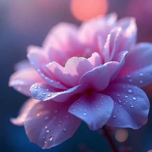 Prompt: A close-up of a delicate satin flower with tens of petals in a mix of gradients of purple , pink and blue tones covered in dewdrops with a mix of soft , glowing pink , purple , blue and orange bokeh lights in the background . The petals shimmer with moisture reflecting dreamy pastel hues . The composition in ethereal and vibrant evoking a sense of tranquility and beauty . The lighting is soft and diffused enhancing the magical atmosphere .