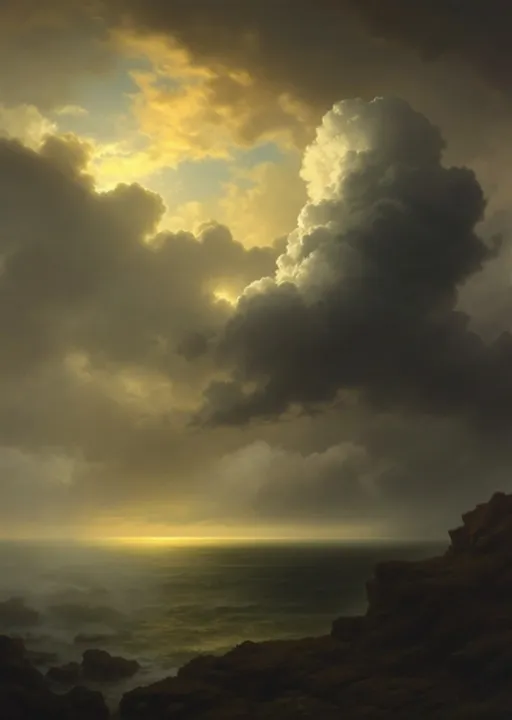 Prompt: White columns and arches , parlor chairs , rocks , mist, stormy ocean.
The most striking element is the sky . Thick, billowing clouds stretch across the sky, heavy and textured with tones of grey, brown, and hints of blue. These clouds seem to part just enough to reveal a glowing band of soft, golden-yellow light near the horizon, suggesting either a sunrise or a sunset. This light gently spills across the landscape, casting a muted radiance that enhances the depth and mystery of the scene. The style of 19th-century realism.
