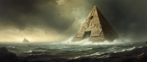 Prompt: A painting in the style of 19th-century realism.  A colossal, derelict, monolithic alien spaceship shaped like a pyramid covered  in intricate grooves and striations , its tip separated by a trench hovering above a stormy , misty ocean with steam rising from the water beneath it. Hundreds of birds flying. Stormy sky .