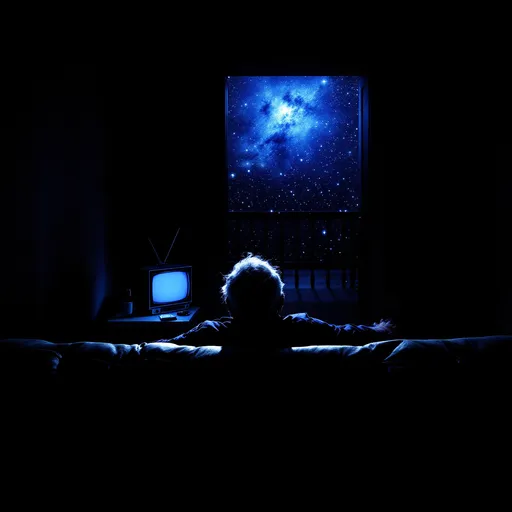 Prompt: A top-down and slightly behind perspective of an old man sitting on a couch watching a vintage black-and-white TV placed in front of him . The TV emits a strong bluish light which is the only source of illumination in the dark room. Behind the TV there's a slightly open door revealing a star-filled cosmos outside