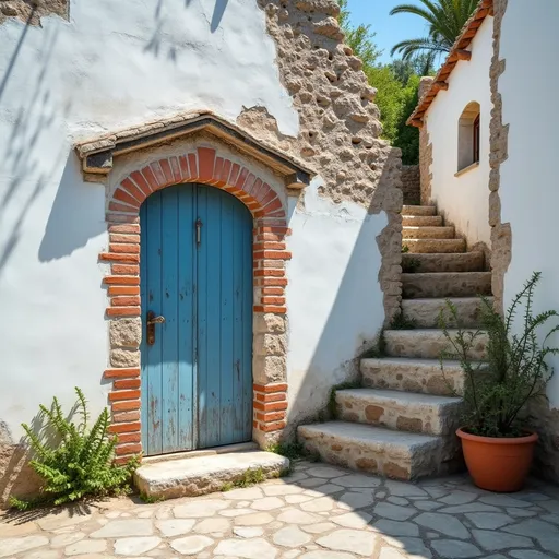 Prompt: A Mediterranean village scene . A ruined , rustic , white stone wall ( that surrounds a house )partially worn revealing bricks in some areas . The wall features a round archway on the left side . A blue wooden door with peeling paint and worn stone steps stands out against the sunlit white surfaces . In front of the wall a terracotta pot with a small green plant . The scene capture the charm of a coastal village . Mist . Sunlight.