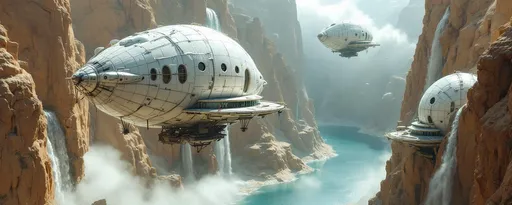 Prompt: Three white post-apocalyptic zeppelins that have an unusual almost organic-looking envelope made of what appears to be stitched or patched-together material giving it a rugged , improvised aesthetic . The zeppelins are suspended by ropes above futuristic white domed sci-fi buildings perched on towering, sandy cliffs with multiple waterfalls cascading down the edges . Mist rising from below . Mist . A turquoise lake. Sunlight . 
