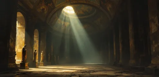 Prompt: A painting in the style of 19th-century realism. An enormous, abandoned, sumptuous hall vast and towering extremely dark and hazy stretching into the distance. The ceiling is high and arched painted with elaborate, weathered, faded, peeling frescoes depicting mythological scenes. The floor is covered with worn mosaic tiles barely visible in the gloom. Ornate columns. Along one side wall stands a row of ancient statues partially obscured by darkness and dust. From an opening in the opposite wall dramatic shafts of sunlight pierce through the haze cutting the darkness and illuminating a single statue in the row in a pool of golden light. Deep shadows, moody lighting, abandoned grandeur.