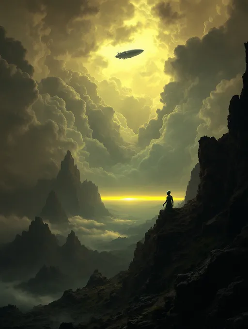 Prompt: An extraterrestrial humanoid on a rocky cliff. A squid like extraterrestrial spaceship in the sky . Storm clouds .
The most striking element is the sky  . Thick, billowing clouds stretch across the sky, heavy and textured with tones of grey, brown, and hints of blue. These clouds seem to part just enough to reveal a glowing band of soft, golden-yellow light near the horizon, suggesting either a sunrise or a sunset. This light gently spills across the landscape, casting a muted radiance that enhances the depth and mystery of the scene.



