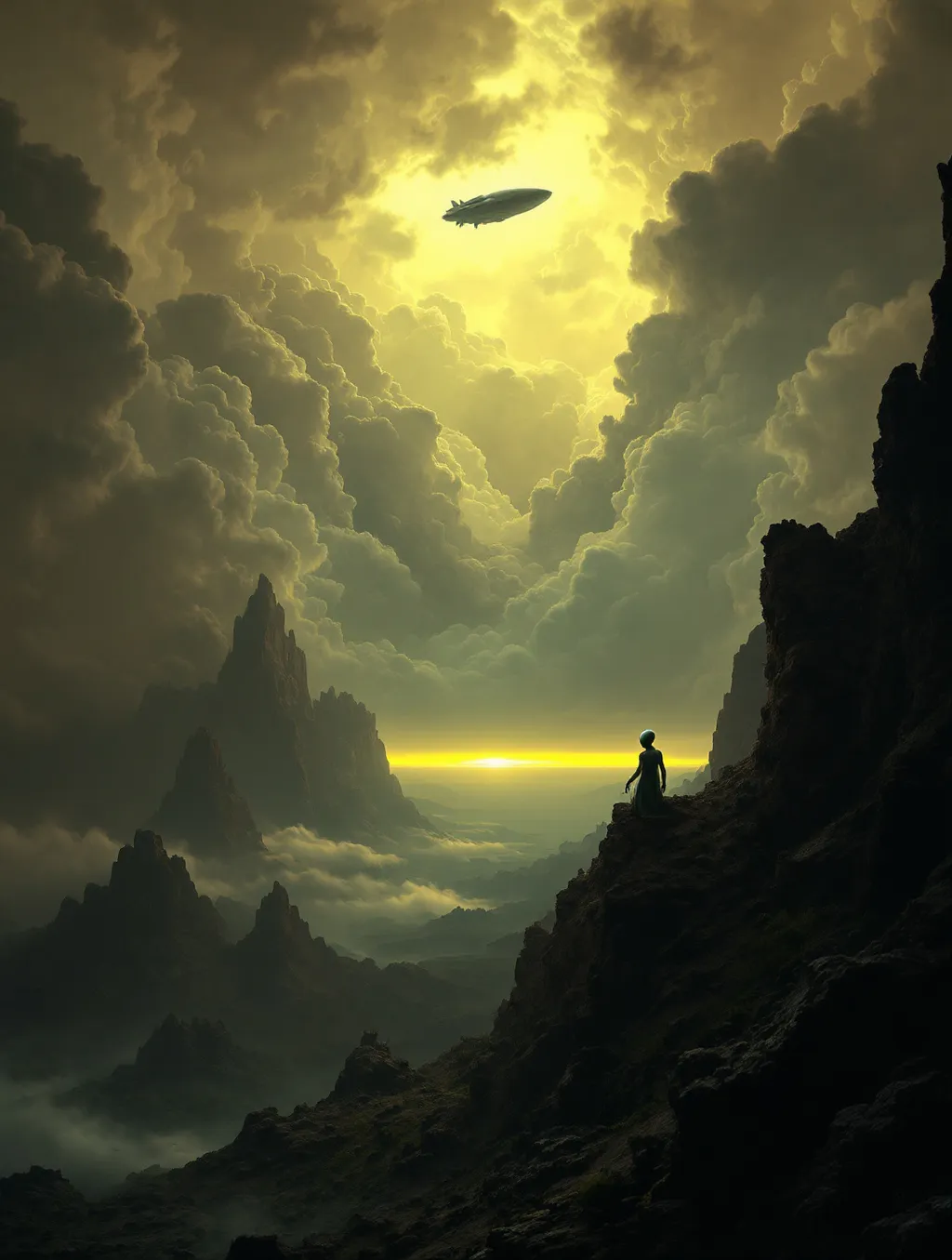 Prompt: An extraterrestrial humanoid on a rocky cliff. A squid like extraterrestrial spaceship in the sky . Storm clouds .
The most striking element is the sky  . Thick, billowing clouds stretch across the sky, heavy and textured with tones of grey, brown, and hints of blue. These clouds seem to part just enough to reveal a glowing band of soft, golden-yellow light near the horizon, suggesting either a sunrise or a sunset. This light gently spills across the landscape, casting a muted radiance that enhances the depth and mystery of the scene.




