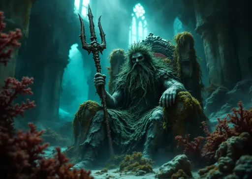 Prompt: The sea god with hair and beard made of seaweed encrusted with barnacles sits on a throne of red coral holding a rusty trident also covered in barnacles inside an underwater ruined gothic edifice with a collapsed ceiling and tall, arched, gothic windows. Mystical underwater ambiance. Seaweed. Dark-cyan fog . Dim light with a bluish-green glow filtering through tall, gothic windows .