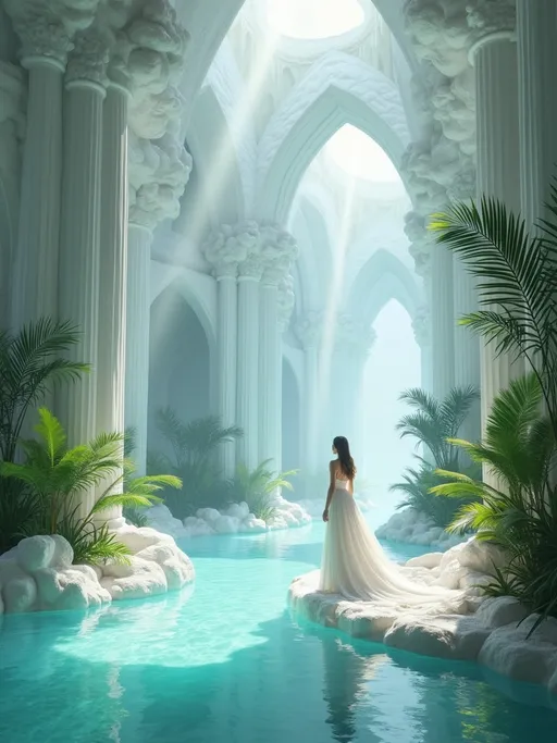 Prompt: The interior of a fantastic palace made entirely of gigantic white quartz crystals  . White columns . Mist . Lush tropical plants and palms . In the right stands an Ice Queen wearing a long white gown with a flowing train with a high collar illuminated by sunlight filtering through the crystal walls casting prismatic light across the scene . A turquoise pool . Magical , ethereal atmosphere , high detail , majestic and surreal .