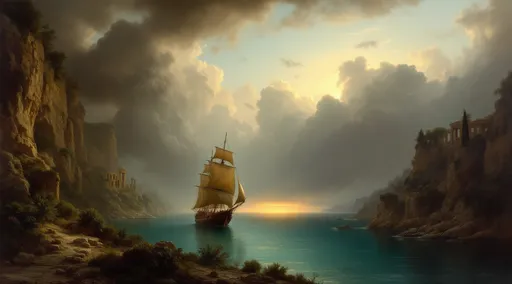 Prompt: A sailing ship exiting a cove surrounded by rocky cliffs covered in vegetation . Greek ruins . Mist. Turquoise water . The most striking element is the sky . Thick, billowing clouds stretch across the sky, heavy and textured with tones of grey, brown, and hints of blue. These clouds seem to part just enough to reveal a glowing band of soft, golden-yellow light near the horizon, suggesting either a sunrise or a sunset. This light gently spills across the landscape, casting a muted radiance that enhances the depth and mystery of the scene. The style of 19th-century realism .