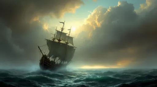 Prompt: A tilted galleon ghost ship with torn sails shrouded in mist navigating in the middle of stormy turquoise ocean. The most striking element is the sky . Thick, billowing clouds stretch across the sky, heavy and textured with tones of grey, brown, and hints of blue. These clouds seem to part just enough to reveal a glowing band of soft, golden-yellow light near the horizon, suggesting either a sunrise or a sunset. This light gently spills across the landscape, casting a muted radiance that enhances the depth and mystery of the scene. The style of 19th-century realism.