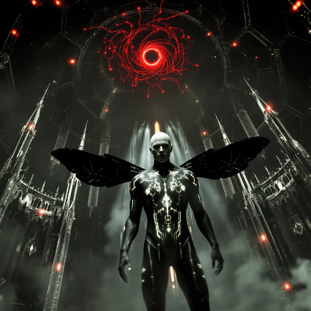 Prompt: Inside a dark, spherical computer generated virtual space with walls covered in glowing hexagonal patterns a bald god-like figure with dragonfly wings is flying. He wears a black skintight suit featuring an intricate pattern of electrical circuits . His head scalp is covered in a pattern of electrical circuits too . In front of him hovers a ruined Gothic cathedral suspended in the vast digital space. Mist.Above the cathedral a swirling red energy vortex . Th eatmosphere is futuristic and ethereal with a sense of mystery and grandeur .