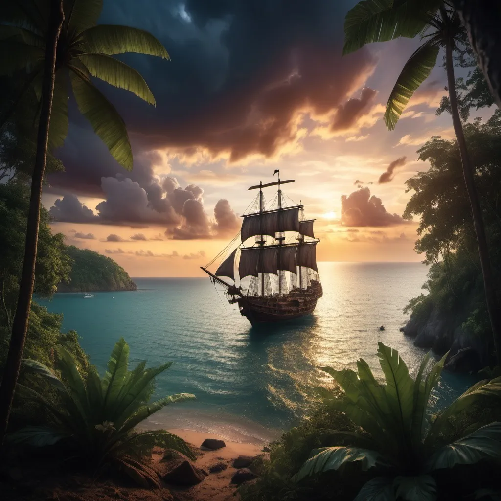 Prompt: a view from a tropical forest to the sea., a caravel in a bay  , lit by sunset . Dramatic sky