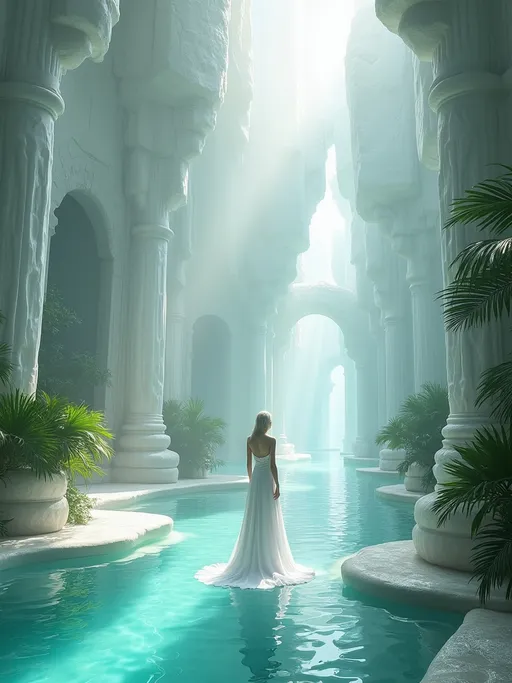 Prompt: The interior of a fantastic palace made entirely of gigantic white quartz crystals  . White columns . Mist . Lush tropical plants and palms . In the right stands an Ice Queen wearing a long white gown with a flowing train with a high collar illuminated by sunlight filtering through the crystal walls casting prismatic light across the scene . A turquoise pool . Magical , ethereal atmosphere , high detail , majestic and surreal .