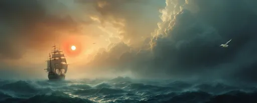 Prompt: A tilted sail ship in the distance on the left side of the image on a stormy turquoise sea . Mist . The huge red disk of the setting sun . The semi-transparent image of a giant seagull flying superimposed over the scene on the right side .  The most striking element is the sky . Thick, billowing clouds stretch across the sky, heavy and textured with tones of grey, brown, and hints of blue. These clouds seem to part just enough to reveal a glowing band of soft, golden-yellow light near the horizon, suggesting either a sunrise or a sunset. This light gently spills across the landscape, casting a muted radiance that enhances the depth and mystery of the scene. The style of 19th-century realism.