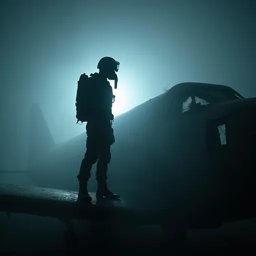 Prompt: The silhouette of a jet fighter pilot wearing a helmet , oxygen mask and G-suit standing on the wing of a derelict Douglas DC-4 in an aircraft graveyard . The scene is set at night , shrouded in thick fog . A powerful light from behind illuminates the pilot casting dramatic shadows and creating an eerie atmosphere . 