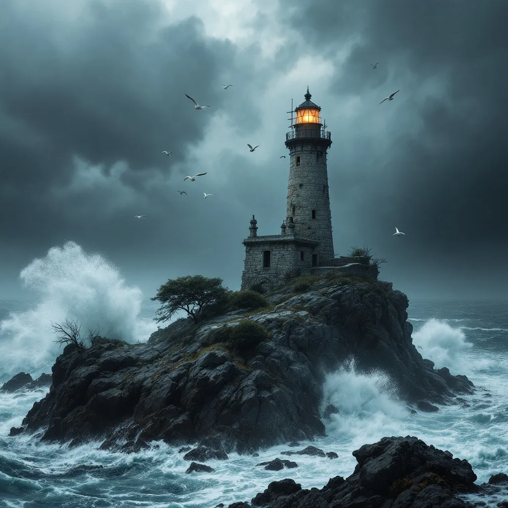 Prompt: An old weathered stone towering lighthouse perched on a rocky cliff by the sea its orange beacon glowing in the stormy night . Powerful waves crash against the jagged rocks sending white spray into the air . Seagulls circle above . Bushes and small trees blown by the wind . The sky is filled with heavy storm clouds creating a dramatic and intense atmosphere . Mist