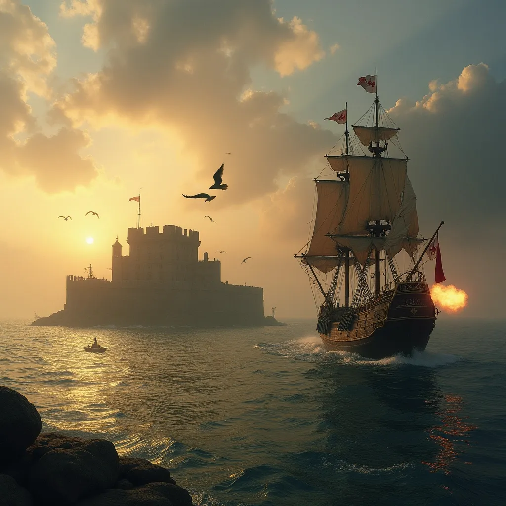 Prompt: A small fort stands on he sea with flags waving atop its walls . In front of it a 17th-century galleon fires a cannon with smoke billowing from the barrel . Sailboats drift on the water .Seagulls soar above the waves . The atmosphere is dramatic with a sense of historical naval conflict . Sunset . Mist 