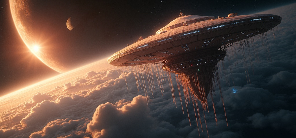 Prompt: A massive jellyfish-shaped sci-fi space station orbits just above an orange massive gaseous planet's atmosphere . Its upper half is a colossal, smooth metallic dome with a translucent sheen glowing softly with reflected starlight and the warm hues of the distant sun. The dome disperses streams of charged particles of solar wind in soft, swirling patterns of light across its curved surface. The surface is dotted with luminous panels, antennae and docking bays barely visible through the glimmer. Beneath the dome an intricate network of spires, suspended platforms and tubular structures cascades downward like tendrils- some glowing faintly blue or white others pulsating with the flicker of artificial life. These dangling elements evoke the appearance of a bioluminescent jellyfish. It is both majestic and haunting.  The planet below has a thick, swirling atmosphere filled with dramatic cloud formations resembling cyclones or massive storm systems. There's a particularly tall and dense cloud formation near the center-right casting a deep shadow across the cloud layers-implying scale and volume. The curvature of the planet is clearly visible with a distinct atmospheric glow transitioning from a deep blue near the horizon to the blackness of space. Above the planet in the far background another celestial body- a moon -appears partially illuminated adding depth and scale to the cosmic setting. A bright star or distant sun shines on the left side of the frame with lens flare and subtle blue glows. The clouds in the atmosphere are dramatically illuminated by the star casting long shadows.
