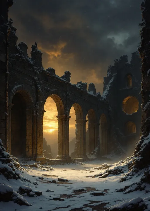 Prompt: The snow-powdered dark hall of a  dark, ruined castle with collapsed roof allowing heavy snowfall to pour inside. Arched  windows let in a cold, dim sunset light . Columns . Statues .  Mist. Snow blown by the wind.  Haunting, ethereal beauty . Night . Mysterious atmosphere.  The most striking element is the sky . Thick, billowing clouds stretch across the sky, heavy and textured with tones of grey, brown, and hints of blue. These clouds seem to part just enough to reveal a glowing band of soft, golden-yellow light near the horizon, suggesting either a sunrise or a sunset. This light gently spills across the landscape, casting a muted radiance that enhances the depth and mystery of the scene. The style of 19th-century realism.