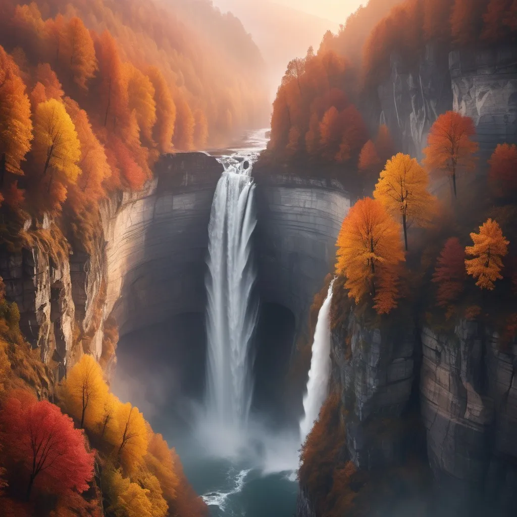 Prompt: a close up  with a spectacular waterfall falling into a majestic gorge . Mist is rising from water  . Trees in the color of autumn . The scene is lit by fiery sunset . 