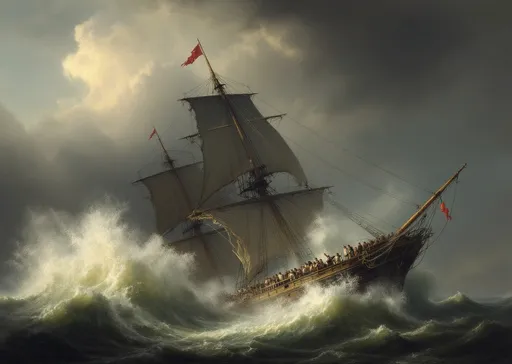 Prompt: A dramatic maritime scene in the style of 19th-century realism that depicts a large sailing ship caught in the midst of a violent storm. The vessel is tilted precariously as towering waves crash around it, its sails torn and rigging in disarray. The sky above is dark and ominous, filled with heavy storm clouds that seem to merge with the raging sea below.

The Ship and its Struggle
The ship, a grand wooden sailing vessel with multiple masts, is battered by the storm. The masts are still standing, but the sails are either missing or severely damaged, and ropes hang loosely from the rigging. A red flag flutters at the top of the main mast, contrasting with the gray and blue tones of the stormy scene.

Despite the dire situation, a group of sailors is visible on the deck, clinging to the ship as they attempt to weather the storm. Their figures appear small and vulnerable against the massive forces of nature. Some seem to be holding onto the railing, while others are huddled together, perhaps in desperation or prayer.

The Ocean’s Fury
The sea is painted in shades of deep green and blue, with enormous waves rising and crashing violently. The white foam of the waves adds to the sense of movement and chaos. In the foreground, a particularly massive wave dominates the scene, curling and frothing as it threatens to engulf the ship. Pieces of wreckage float in the water, possibly remnants of another unfortunate vessel.

Seagulls can be seen flying above the waves, their presence adding a sense of scale and reinforcing the realism of the scene. Their flight against the wind mirrors the ship’s struggle to survive.

The Sky and Atmosphere
The sky is filled with storm clouds, painted in shades of gray, blue, and hints of brown. There is a subtle light breaking through in the distance, suggesting either the end of the storm or an eerie moment of calm before it intensifies again. The contrast between the darkness of the clouds and the brightness of the waves creates a visually striking and emotionally intense composition.

