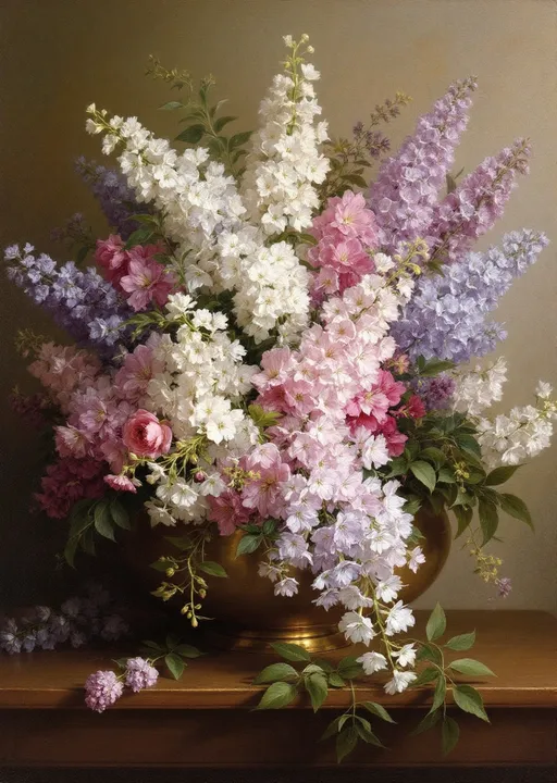 Prompt: A beautifully detailed still life painting that features a lush arrangement of flowers, likely stock flowers (Matthiola), often mistaken for lilacs due to their similar structure in the style of 19th-century realism.
This still life painting depicts a rich and elegant floral composition arranged in a shallow, round brass or bronze bowl. The bouquet overflows with a profusion of delicate stock flowers in a harmonious blend of colors—soft whites, gentle pinks, light purples, and deep magentas. The flowers appear fresh and voluminous, cascading naturally over the edge of the container and sprawling slightly onto the wooden surface below.

The flowers are rendered with great care and realism, showing their clustered petals, slender stems, and narrow greenish-gray leaves. The texture of each flower is subtly highlighted by soft lighting, which creates gentle shadows and a sense of depth.
The background is a muted, earthy tone—likely a painted or plastered wall—that contrasts subtly with the vibrancy of the blossoms, helping them stand out. The tabletop is wooden, with a warm brown finish that reflects some of the flower tones and enhances the natural feel of the composition.
The overall mood of the painting is serene and elegant, with a touch of nostalgic charm. The artist's skill is evident in the intricate play of light and shadow, the realistic texture of the petals and leaves, and the balanced composition. The image celebrates the quiet beauty of nature captured in a timeless interior setting.
