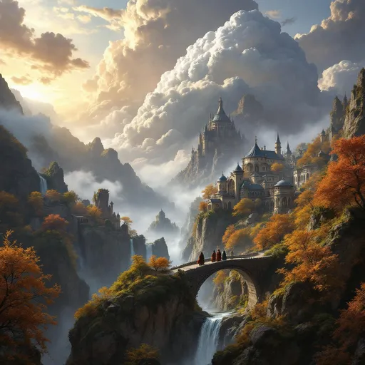 Prompt: A breathtaking elven city nestled on a lush and rocky mountain slope with cascading waterfalls , elegant arched bridges and intricately designed buildings with curved rooftops and large arched windows . Lush autumn-colored trees grown on massive rocks . A group of travelers crosses an ancient stone bridge towards the city, their cloaks flowing in the wind . The atmosphere is mystical , peaceful and otherworldly evoking a high-fantasy setting . Mist . The most striking element is the sky . Thick, billowing clouds stretch across the sky, heavy and textured with tones of grey, brown, and hints of blue. These clouds seem to part just enough to reveal a glowing band of soft, golden-yellow light near the horizon, suggesting either a sunrise or a sunset. This light gently spills across the landscape, casting a muted radiance that enhances the depth and mystery of the scene. The style of 19th-century realism.