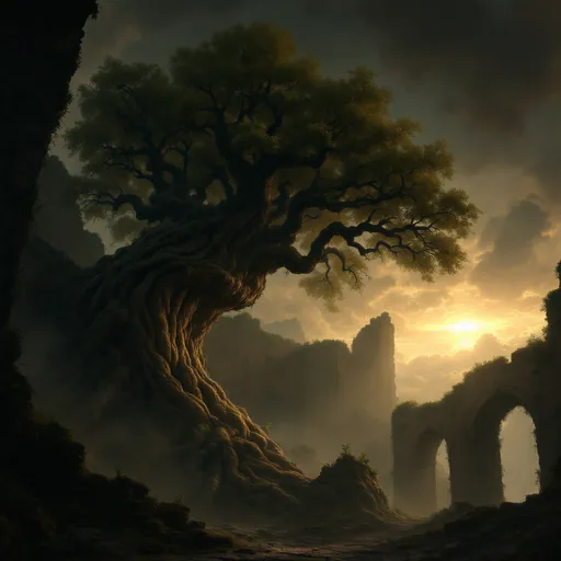 Prompt: A massive, gnarled and lush tree with an intricate web of roots growing inside a ruined, vast, dark cathedral. Mist. Walls covered in creeping vines and moss . The most striking element is the sky . Thick, billowing clouds stretch across the sky, heavy and textured with tones of grey, brown, and hints of blue. These clouds seem to part just enough to reveal a glowing band of soft, golden-yellow light near the horizon, suggesting either a sunrise or a sunset. This light gently spills across the landscape, casting a muted radiance that enhances the depth and mystery of the scene. The style of 19th-century realism.