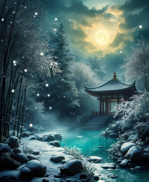 Prompt: A temple in the middle of a snow-covered bamboo forest. Mist. Snowflakes gently falling through the cold air covering the leaves and ground in white  .A serene, meditative atmosphere. A turquoise pond. Dark night . Full moon . Dramatic backlit clouds . The style of 19th-century realism .