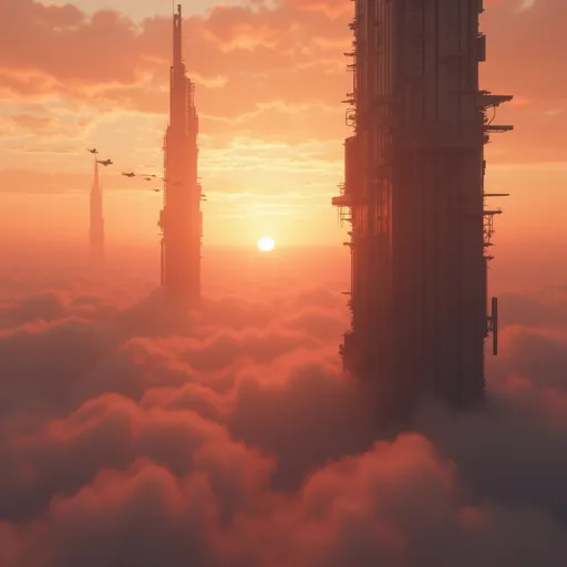 Prompt: An impressive sci-fi landscape dominated by colossal towering megastructures rising above a sea of reddish-orange-pink smeared clouds . The sun positioned near the horizon casts a diffuse and warm light creating an enigmatic atmosphere with golden and reddish tones in the dense air . In the foreground a massive, towering , imposing , sleek and thin building rises near the edge of the image. Its surface is covered with complex metallic structures, panels and industrial details suggesting an advanced vertical metropolis. The edges are sharp and the architectural details are minimalist yet functional evoking a cyberpunk or futuristic brutalist style . In the background two other colossal thin megastructures emerge from the smeared atmospheric haze offering a sense of depth and vastness . Thin lines enhance the feeling of advanced technology . In the sky swarms of small spacecrafts fly in precise formation indicating an extremely organized and technologically superior civilization . Overall the scene conveys an atmosphere of isolation but also technological grandeur . Reddish-orange-pink smeared mist . Sunset.