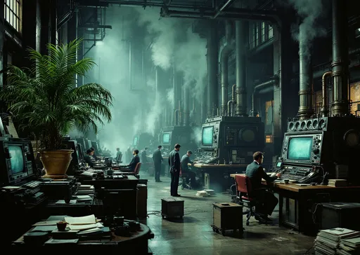 Prompt: A scene from a dystopian future . A massive office hall filled with clerks dressed in outdated polyester suits with ties working on enormous , primitive computers with steam pipes protruding from them . The air is misty and filled with cigarette smoke creating an oppressive atmosphere . Stacks of papers are scattered across desks and large pots with tropical plants add an eerie contrast to the industrial setting . Dim , faded light seeps through the tall windows .
