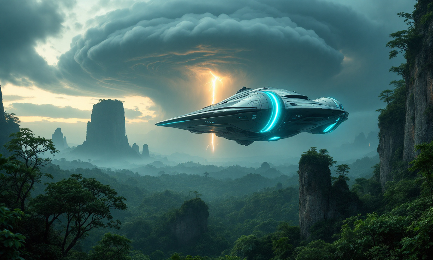 Prompt: In the distance a huge, sleek, futuristic spacecraft hovers low over a dense , verdant lush jungle its vertical engines glowing with teal-blue luminescence . The design of the ship is elegant with curved lines and glowing circuit-like details suggesting advanced alien technology. The craft emits a faint vertical beam of light from its engines indicating motion or hovering propulsion
Beneath the ship stretches a vast, untouched lush jungle teeming with dark green foliage that blasnkets the land in soft, undulating waves . Waterfalls. Rising dramatically from this sea of trees are several scattered towering , vertical rock formations . These natural pillars are covered with sparse vegetation and small trees clinging to their surfaces and tops giving the scene a mystical, otherworldy feel.
In the background the sky is ominously overcast with a thick, huge, swirling storm cloud above the horizon. In the eye of the storm a bolt of lightning splits the sky adding tension and energy to the composition . The lighting is moody and cinematic with a subtle glow illuminating the tops of the trees and the rock pillars contrasting with the storm clouds .
The overall atmosphere of the scene is one of awe and mystery as if the viewer is witnessing an alien world untouched by time .