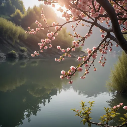 Prompt: dense peach branches laden with flowers hangs over a lake almost touching the water. Lit by sun