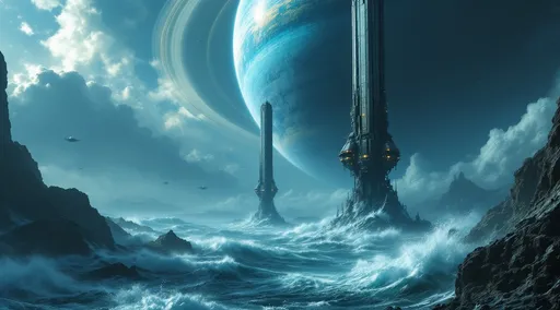 Prompt: An aerial view of two towering alien derelicts rising from the ocean. Rough waters . Sleek alien sci-fi spaceships hovering above the water. Mist . Waves break against the derelicts. A giant , ringed gaseous planet with giant satellites in the sky . 