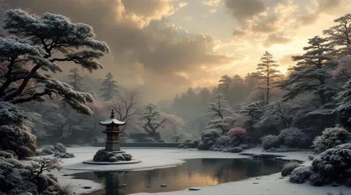Prompt: A shallow pond in a Japanese garden . A Japanese ornamental garden sculpture  of a pagoda covered in snow too . Further-dense , gnarled , lush Japanese pine trees dusted with snow, some bonsai and flowering peach trees . Mist.  The stone wall that surrounds the garden is made of aged stone and capped with traditional Japanese roof tiles . The tiles form a continuous , undulating line and appear lightly dusted with snow or frost . The wall stands as a subtle but solid architectural element separating the foreground from the shadowy trees beyond.
The most striking element is the sky . Thick, billowing clouds stretch across the sky, heavy and textured with tones of grey, brown, and hints of blue. These clouds seem to part just enough to reveal a glowing band of soft, golden-yellow light near the horizon, suggesting either a sunrise or a sunset. This light gently spills across the landscape, casting a muted radiance that enhances the depth and mystery of the scene. The style of 19th-century realism.
