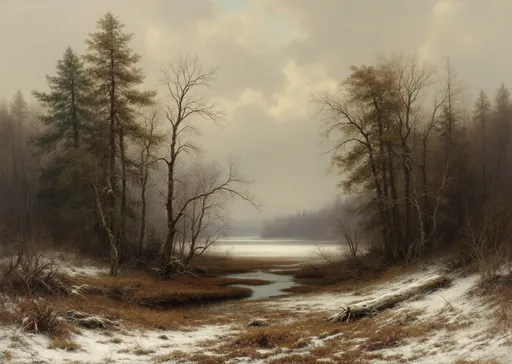 Prompt: A serene winter landscape in the style of 19th-century realism . The scene features a dense forest with a mix of tall coniferous and bare deciduous trees . The ground is covered with a light dusting of fresh snow which highlights the textures of fallen branches , moss and grass  . A marshy area cuts through the foreground reflecting the muted sky above . In the background the forest opens up to a distant clearing or frozen lake partially obscured by mist or atmospheric haze . The sky is overcast with heavy clouds suggesting an early winter morning or late autumn day just before a snowfall . The overall color palette is dominated by earthy browns , deep greens and cold grays with the white snow providing contrast . The trees have intricate details . A quiet almost melancholic mood to the scene evoking a sense of solitude and the transition between autumn and winter .