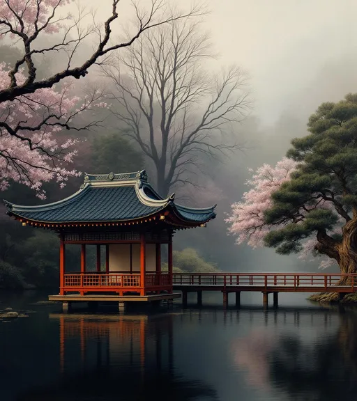Prompt: A painting in the style of 19th-century realism. A painting of a traditional Japanese garden scene beside a calm pond. In the center-left stands an elegant Japanese-style pavilion with a dark, curved, multi-tiered roof. The roof tiles are rendered in shades of deep gray and blue with intricate ridges and upward-curving eaves. The pavilion is supported by slender red wooden columns and its railings feature delicate geometric lattice patterns. Behind and around the pavilion the background is filled with soft, misty foliage painted in a blend of muted greens, purples and grays giving the impression of a misty morning. Bare, thin branches crisscross the upper part of the composition suggesting leafless trees whose silhouettes fade into the hazy atmosphere. To the right of the pavilion a massive, gnarled, lush blossoming peach tree. Extending from the pavilion out over the water is a wooden walkway supported by posts submerged in the pond. The foreground is dominated by the still pond whose dark, glassy surface reflects the pavilion, the rocks and the branches above. The water displays horizontal ripples and bands of green, gray and black pigment creating a sense of depth. On the lower, left side natural rocks and small patches of greenery sit at the water's edge Delicate splashes of watercolor creating an impressionistic, dreamlike scene.