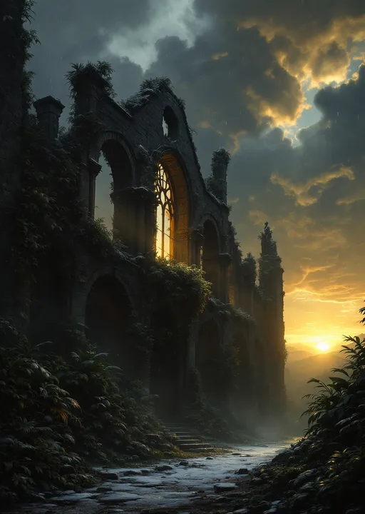 Prompt: The dark hall of a  dark, ruined castle overgrown with lush , tropical plants with collapsed roof allowing heavy snowfall to pour inside. Arched  windows let in a cold, dim sunset light . Columns . Statues .  Mist. Snow blown by the wind.  Haunting, ethereal beauty . Night . Mysterious atmosphere.  The most striking element is the sky . Thick, billowing clouds stretch across the sky, heavy and textured with tones of grey, brown, and hints of blue. These clouds seem to part just enough to reveal a glowing band of soft, golden-yellow light near the horizon, suggesting either a sunrise or a sunset. This light gently spills across the landscape, casting a muted radiance that enhances the depth and mystery of the scene. Mist. The style of 19th-century realism.