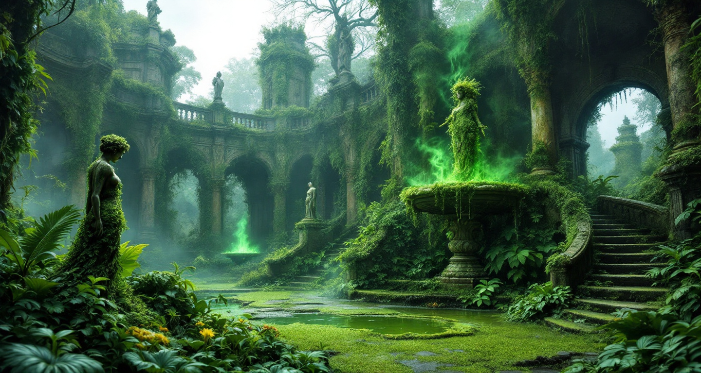 Prompt: An abandoned lush garden filled with lush overgrown carnivorous plants , plants with thorns , poisonous ivy and monstruous plants . A Venus statue covered in mold, moss and ivy . A ruined fountain covered in mold, moss and ivy from which green steam arise . Thick mist . A ruined palace with ornate pillars balustrades and statues covered in mold and moss . A green puddle Stairs . Overcast sky