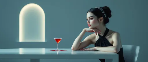 Prompt: A painting in the style of 19th-century realism. A minimalist, softly lit scene in cool bluish tones. A young woman sits at a smooth, white table in a nearly empty, light-filled room. She has pale skin and dark hair gathered neatly into a bun, adorned with thin silver headbands that wrap around her head in elegant curves. Her face is calm and slightly melancholic with her chin resting on her right hand as she gazes thoughtfully toward the left side of the composition.
She wears a black halter dress with a deep neckline that exposes her shoulders and part of her chest. Her left arm is gracefully extended across the table resting on her elbow her delicate hand hovering just above a tipped cocktail glass with her index gently raised. The glass, transparent and elegant contains a red liquid that appears to be spilling out in mid-motion frozen in time . Caustic effects on the table. In the background the wall is softly illuminated and a single arched window shape glows with diffuse light suggesting daylight coming from outside. The atmosphere is serene and slightly surreal emphasizing simplicity, elegance and quiet emotional tension .